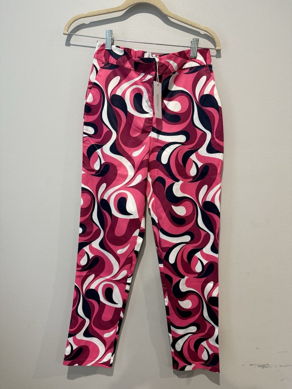 NWT Ovi Fashion Womens Small Pants Groovy Retro Straight Leg Pink Navy Abstract